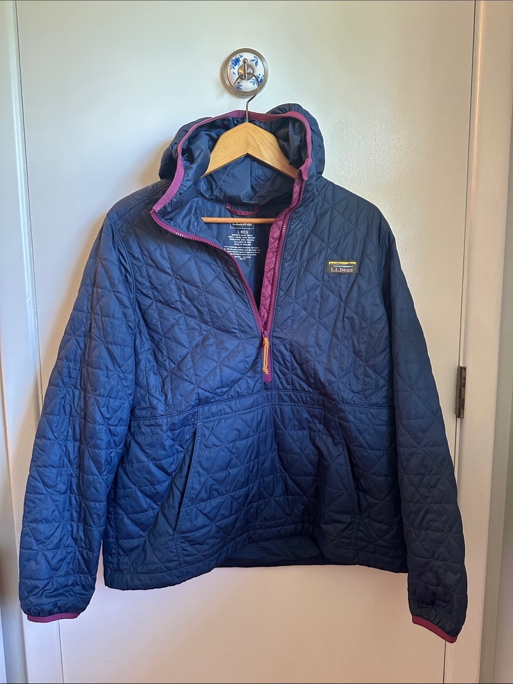 L.L. Bean Navy Quilted Pullover Jacket with Pink Trim
